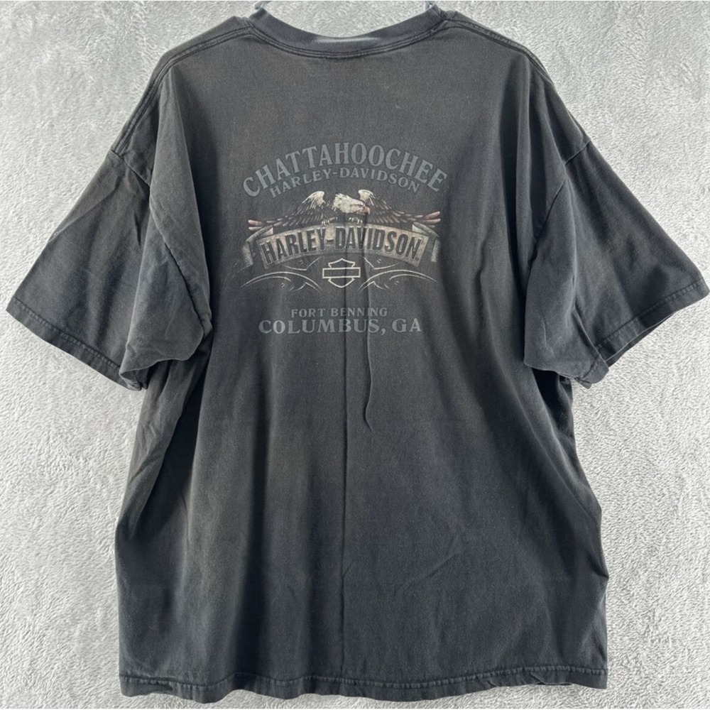 VTG Harley Davidson Mens Shirt 2XL Pin Up Girl Chattahoochee Columbus Black Tee - Picture 8 of 8
